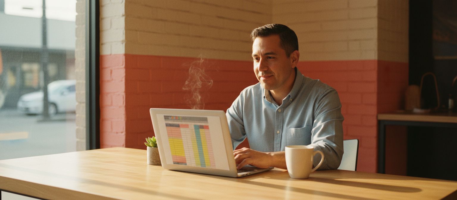 Small business owner reviews benefit cost spreadsheet at a bright café workspace
