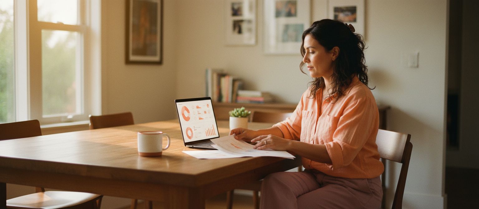 Small business owner reviewing ICHRA plan documents at a bright kitchen table